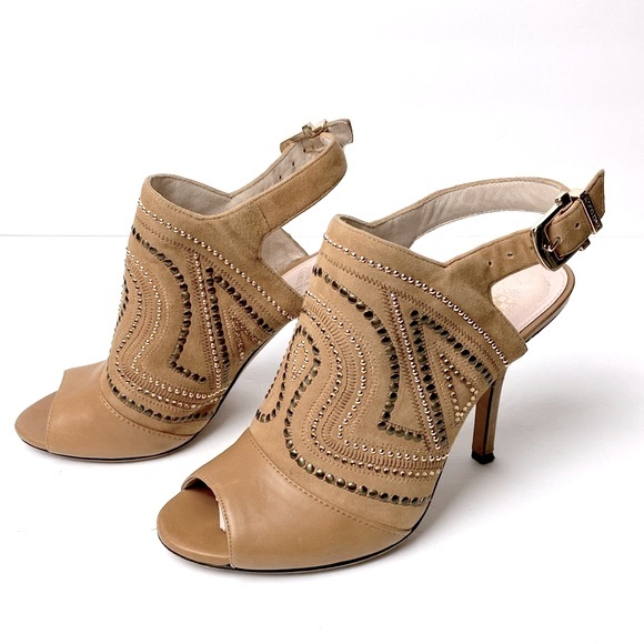 Vince Camuto Shoes - Vince Camuto Yolana Women’s Leather Tan Open Toe Slingback Studded Stiletto 7M